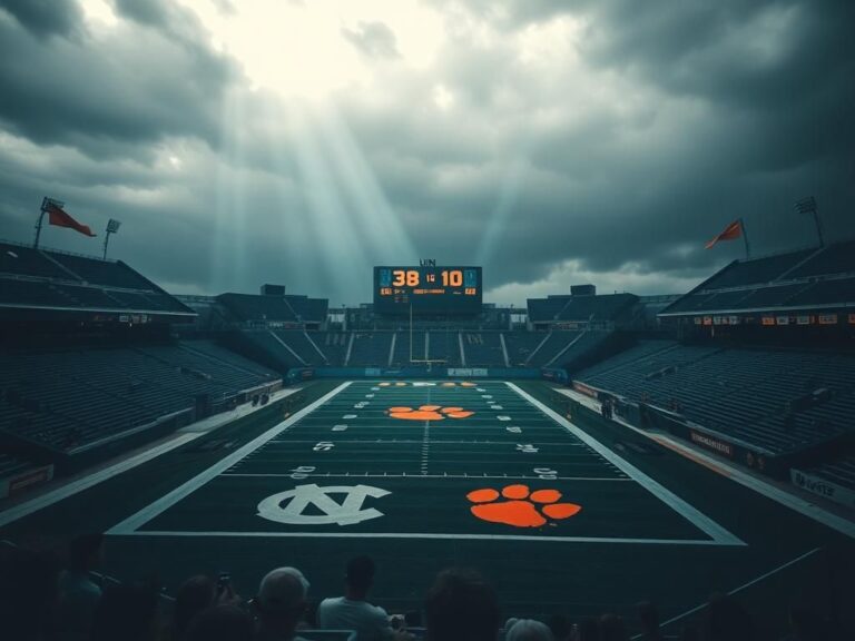 Flick International Empty football stadium with UNC and Clemson logos under grey skies