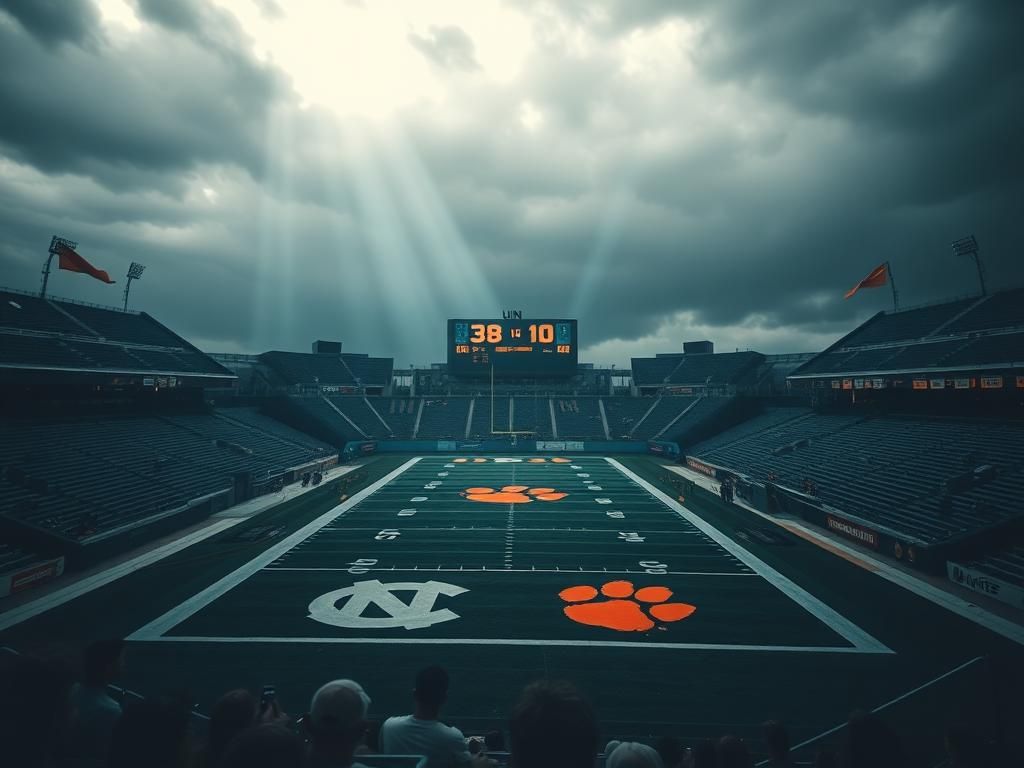 Flick International Empty football stadium with UNC and Clemson logos under grey skies