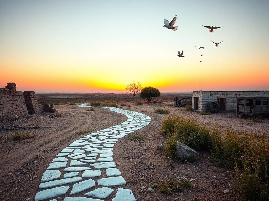 Flick International Serene landscape of the Gaza Strip at dawn with a winding path and an olive tree symbolizing peace