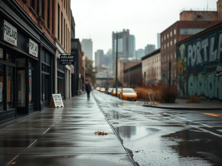Flick International A desolate urban scene in Portland, Oregon with empty storefronts and a rainy atmosphere