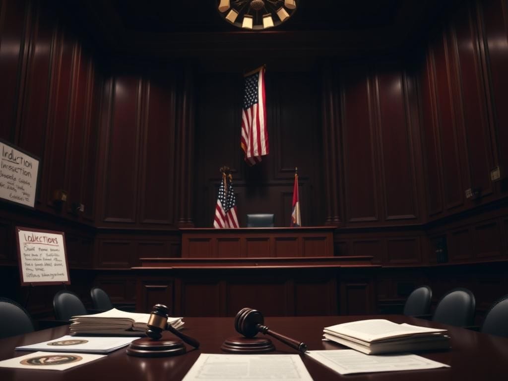 Flick International Dramatic courtroom scene highlighting an empty jury box and legal documents