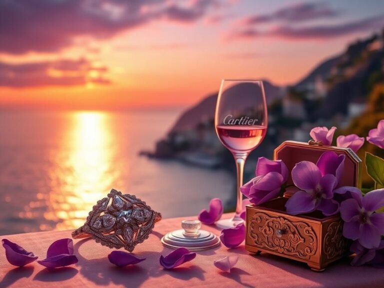 Flick International Vintage-inspired scene depicting old Hollywood glamour with Cartier jewels and a sunset coastline