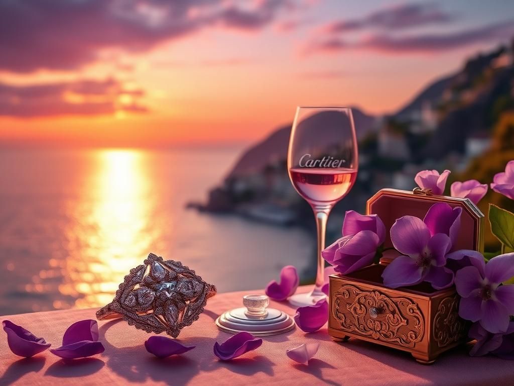 Flick International Vintage-inspired scene depicting old Hollywood glamour with Cartier jewels and a sunset coastline