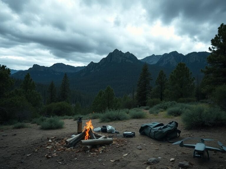 Flick International Abandoned campsite in the Tonto National Forest with campfire and scattered belongings