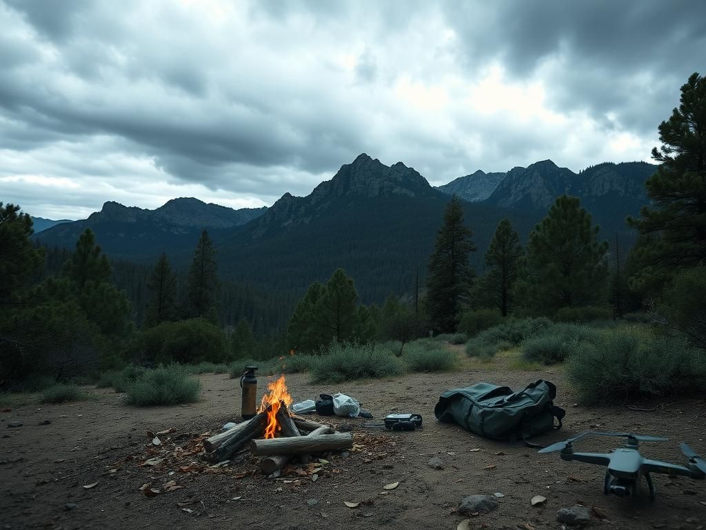 Flick International Abandoned campsite in the Tonto National Forest with campfire and scattered belongings