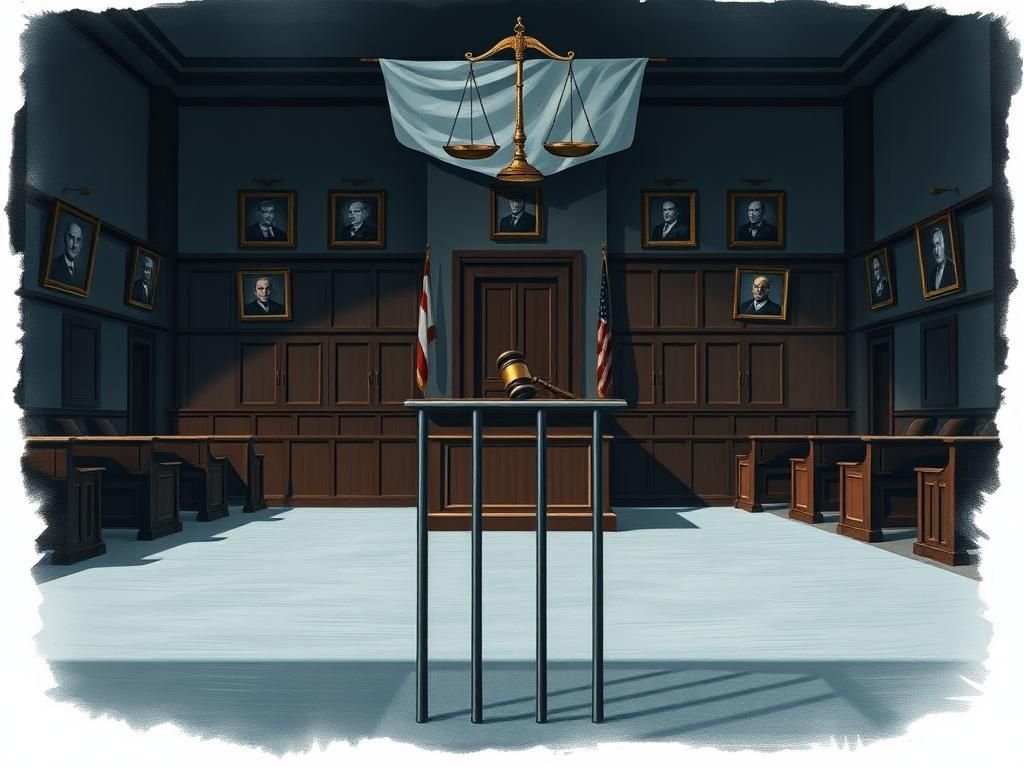 Flick International Dimly lit courtroom interior with imposing gavel and empty prison cell representing leniency in justice