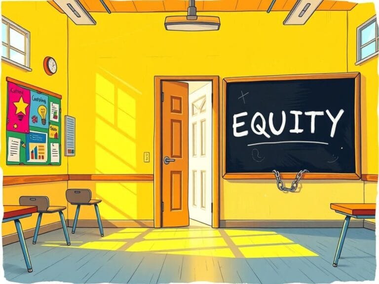 Flick International Illustration of an empty classroom contrasting gifted education symbols and a closed door representing restrictions