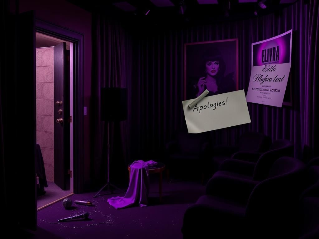 Flick International Dimly lit backstage area with glamorous gown and Elvira poster