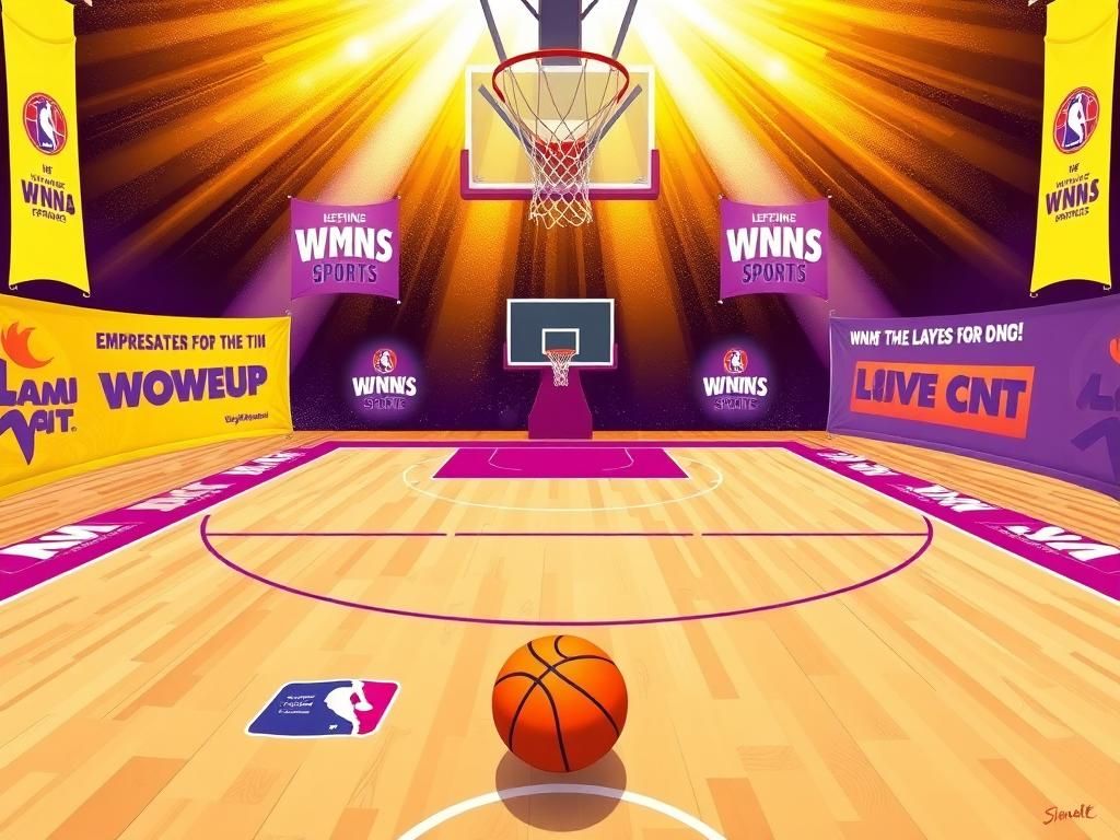 Flick International Dynamic basketball court with an empty hoop and a basketball on the floor, symbolizing women's sports