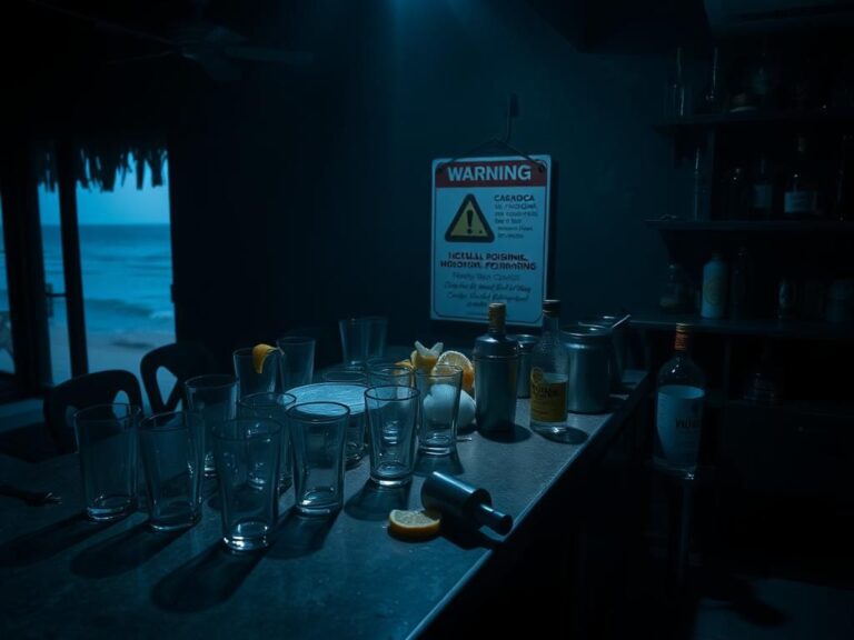 Flick International A deserted bar counter in Brazil with upside down highball glasses and methanol warning sign