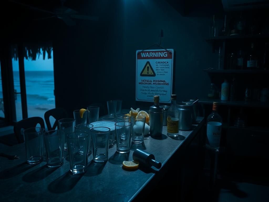 Flick International A deserted bar counter in Brazil with upside down highball glasses and methanol warning sign