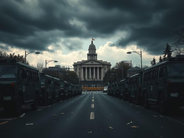 Flick International Dark stormy sky over Portland with National Guard vehicles and protest signs
