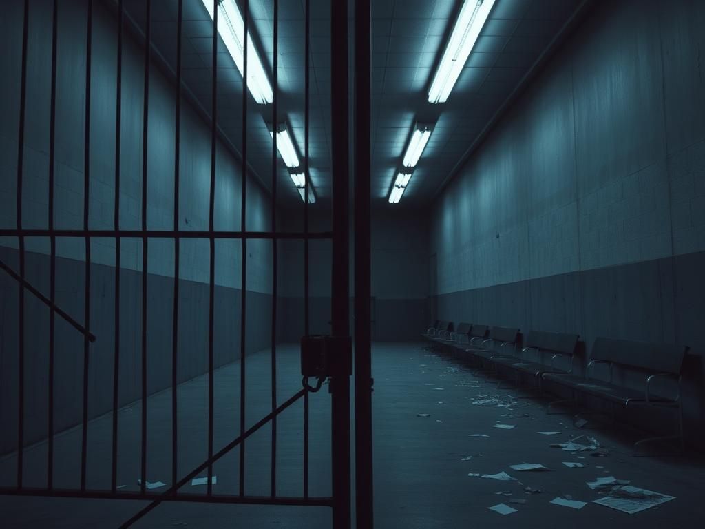 Flick International Empty detention facility with stark walls and a rusted gate symbolizing barriers for migrant youth