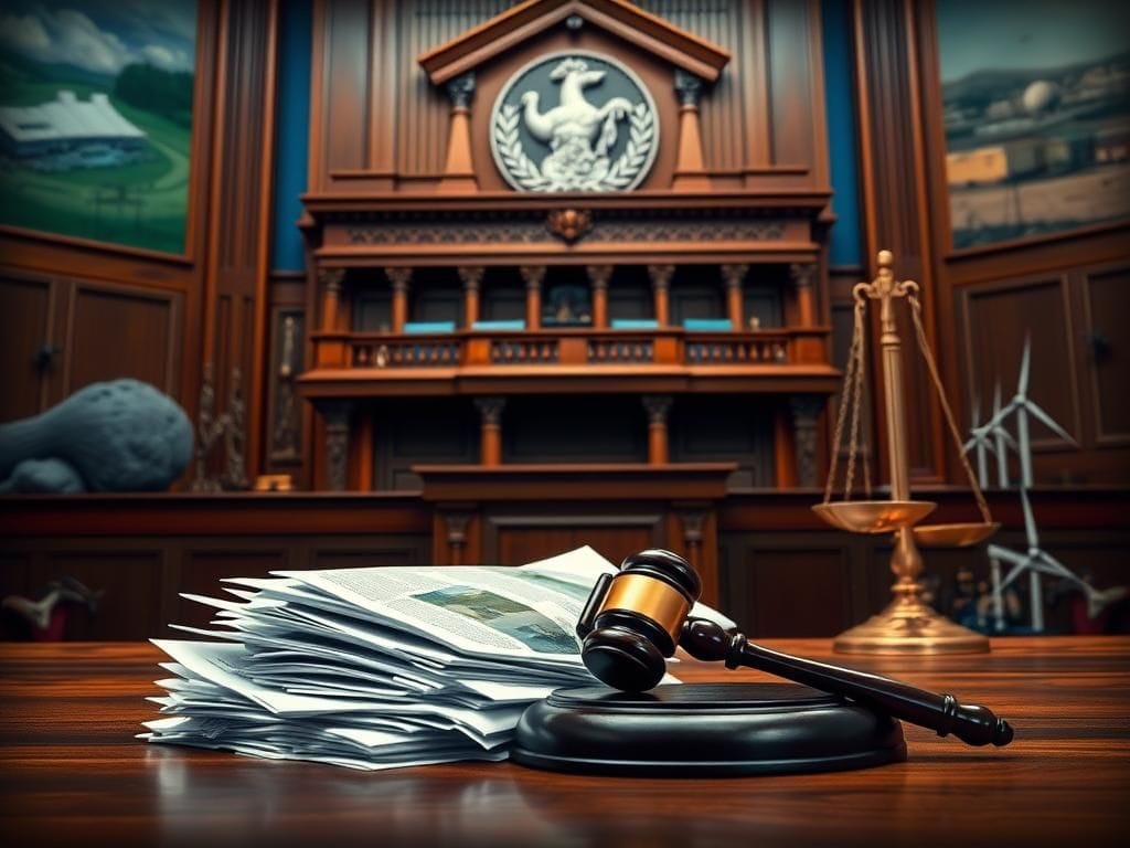 Flick International A courtroom scene with a judge's bench, gavel, and environmental reports symbolizing climate lawsuits