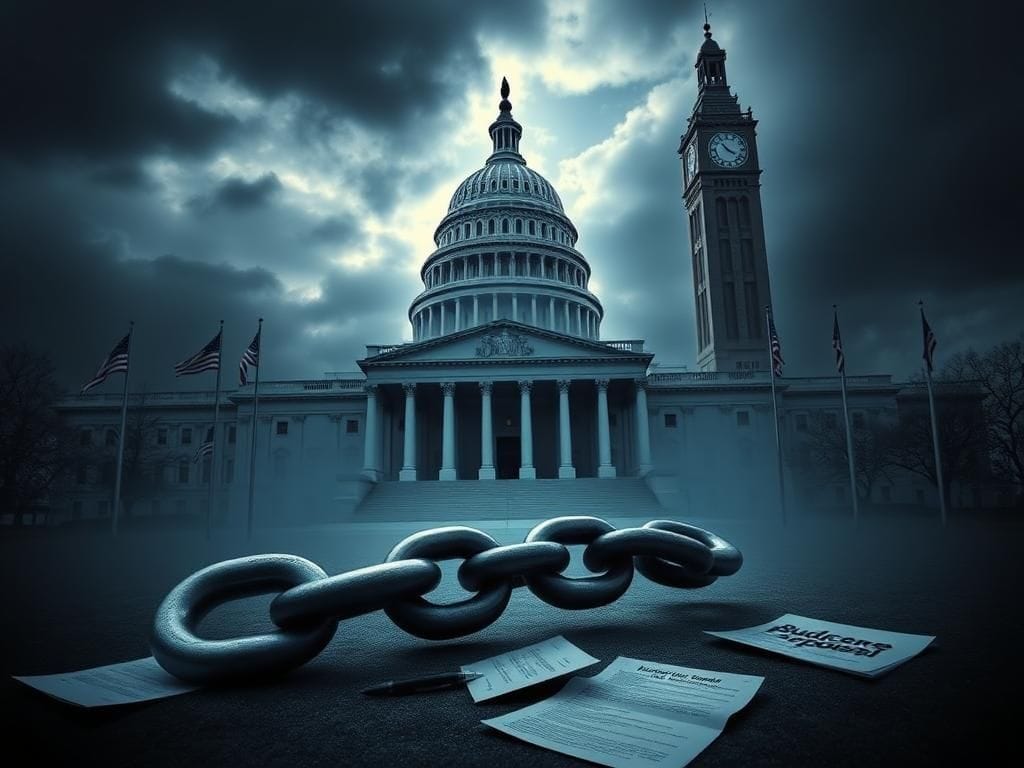 Flick International U.S. Capitol building shrouded in dark clouds symbolizing government shutdown