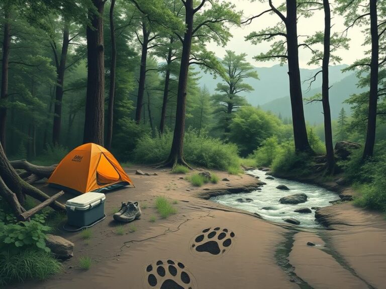 Flick International A serene forest campsite near Mt. Judea, Arkansas, showing signs of a struggle with overturned camping gear and drag marks.