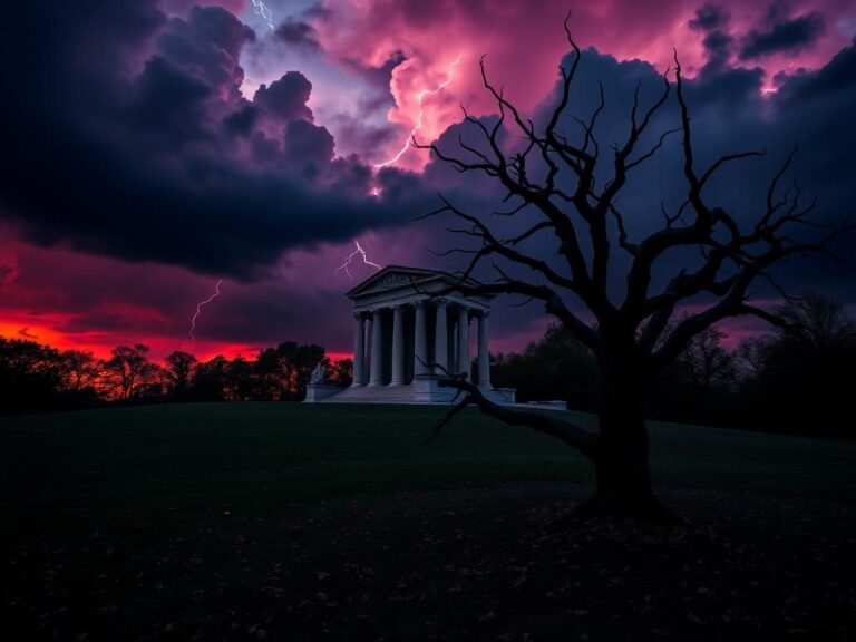 Flick International Dark Virginia landscape at dusk with a stone monument symbolizing justice and ominous storm clouds