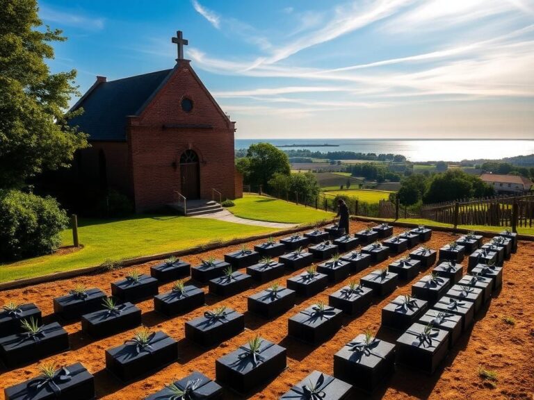 Flick International A serene landscape at Historic St. Mary's City showcasing a 17th-century Catholic church and burial vault