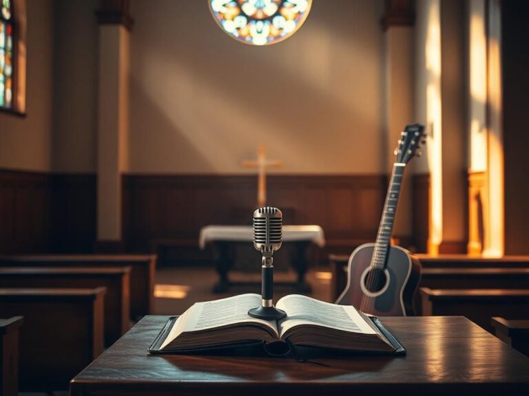 Flick International Serene church interior with an open Bible and vintage microphone symbolizing faith and music