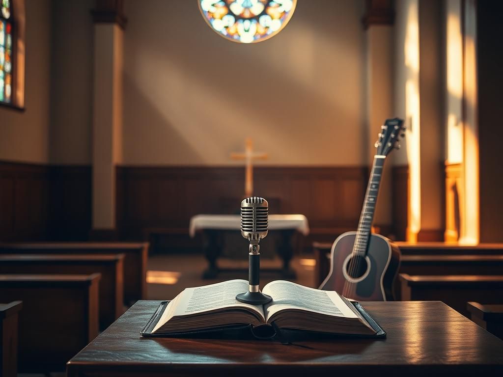 Flick International Serene church interior with an open Bible and vintage microphone symbolizing faith and music
