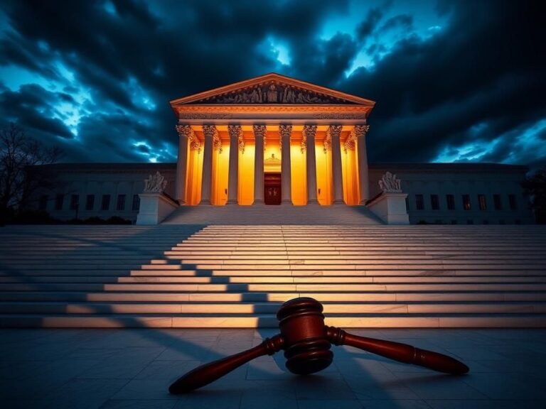 Flick International Dramatic view of the U.S. Supreme Court building at dusk with a large, cracked gavel on the steps