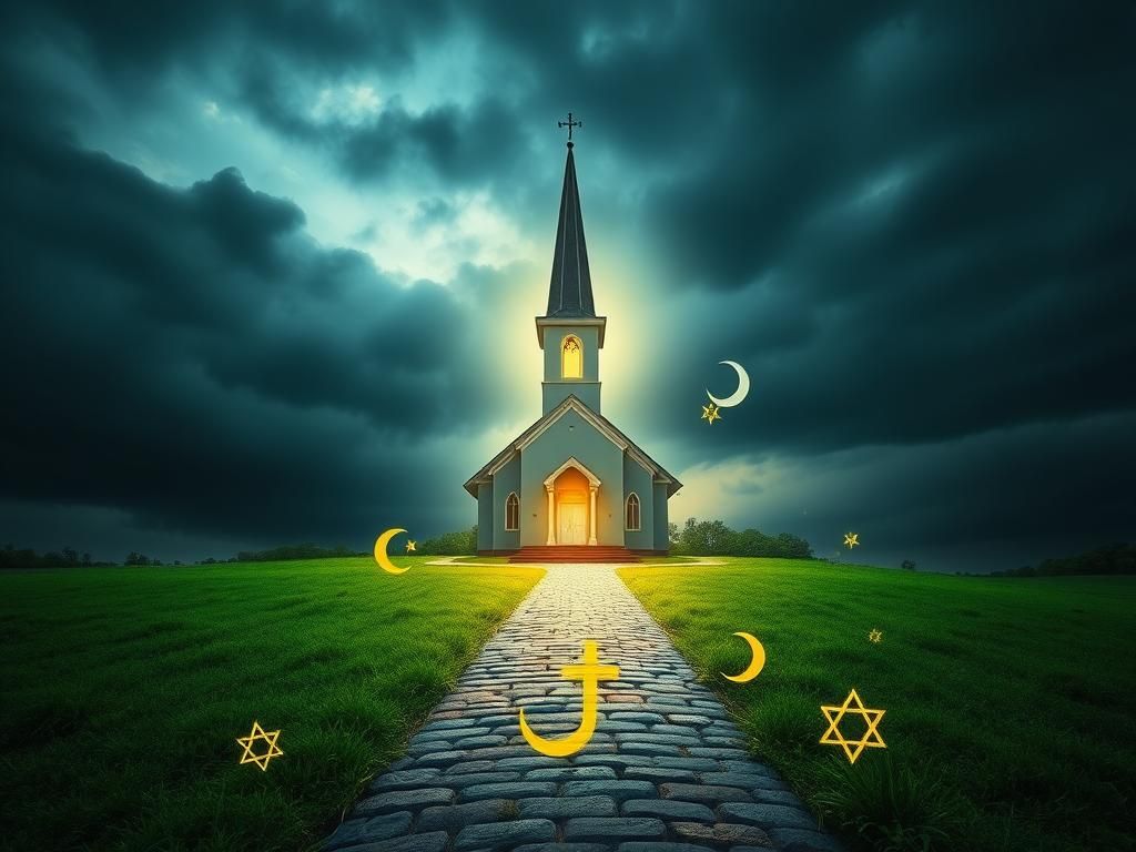 Flick International A tranquil church illuminated by warm light during a darkening sky, symbolizing resilience of faith