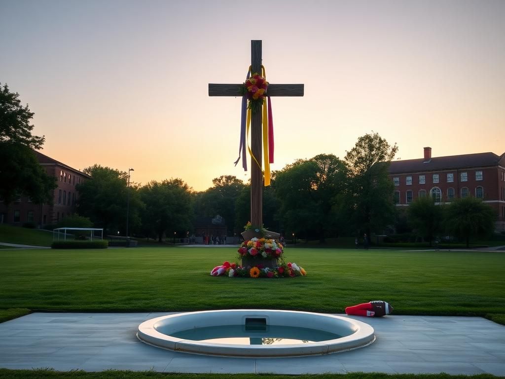 Flick International Empty baptismal pool set against the University of Pittsburgh campus during sunset