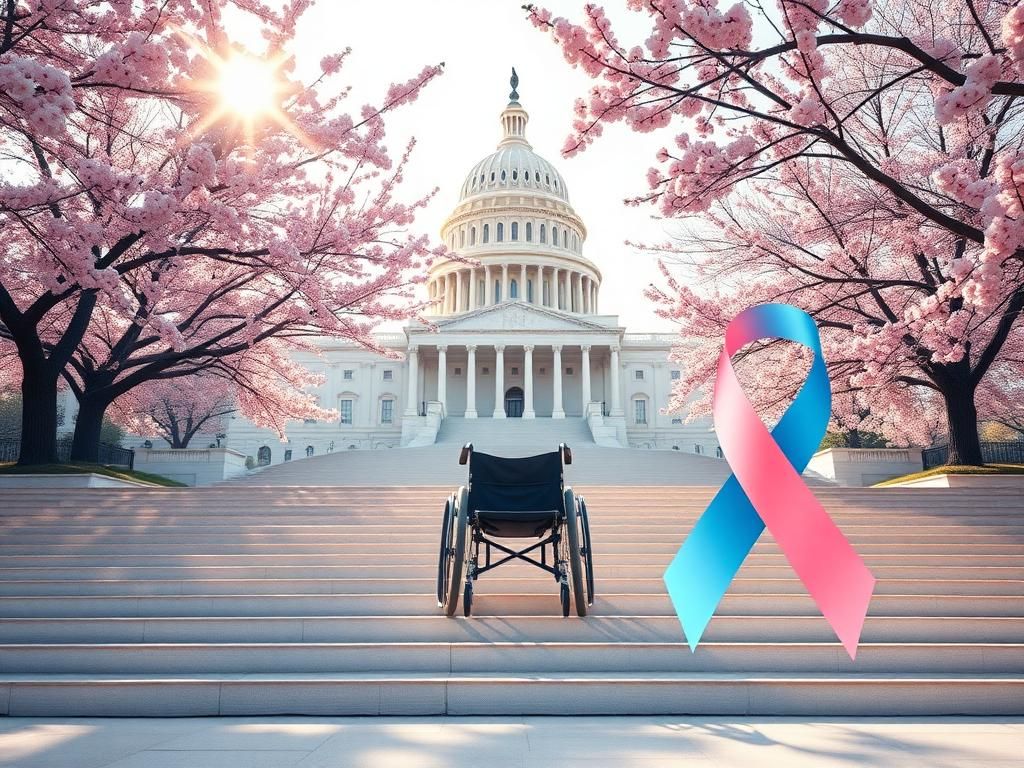 Flick International Empty wheelchair on the steps of the U.S. Capitol surrounded by cherry blossoms