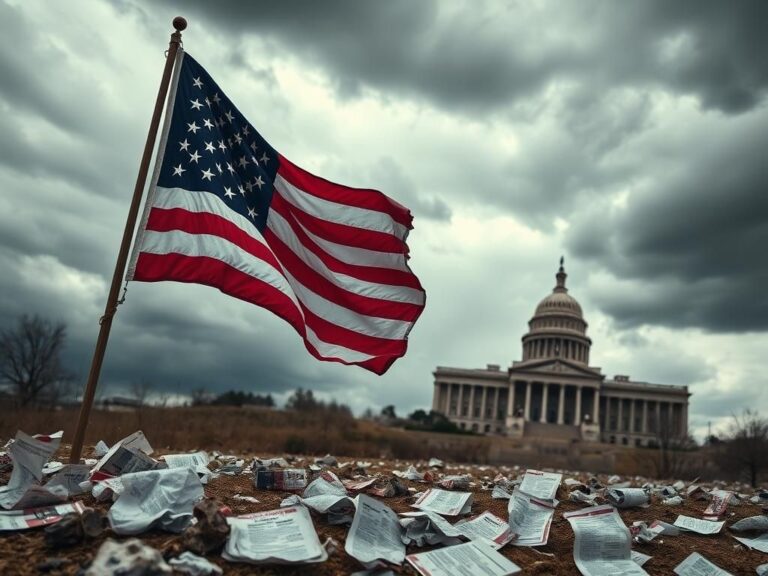 Flick International Dramatic scene depicting 'rage' politics with a weathered American flag and crumpled campaign materials