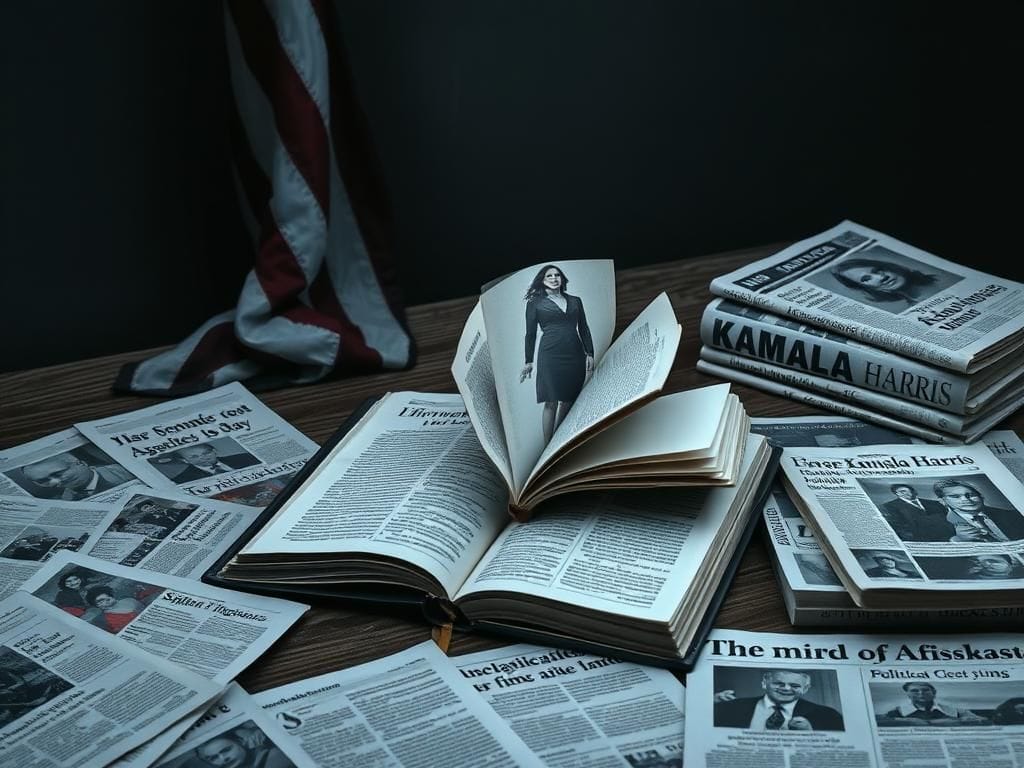 Flick International A somber scene with an open book and newspaper clippings about Kamala Harris's memoir inaccuracies.