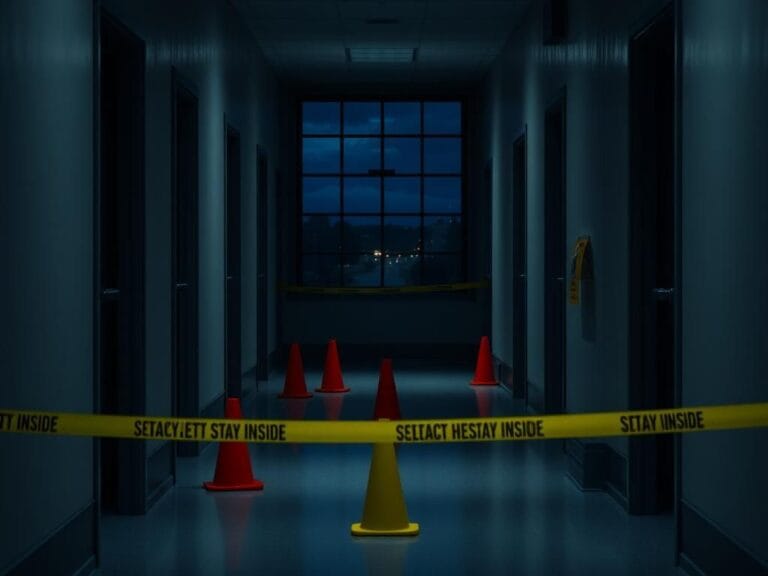 Flick International dimly lit college dormitory hallway during lockdown after shooting incident