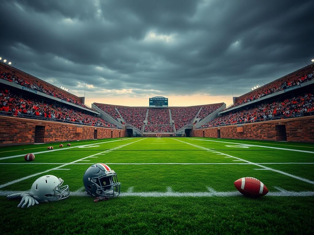 Flick International Dramatic scene of an exposed brick wall surrounding a football field during a game.