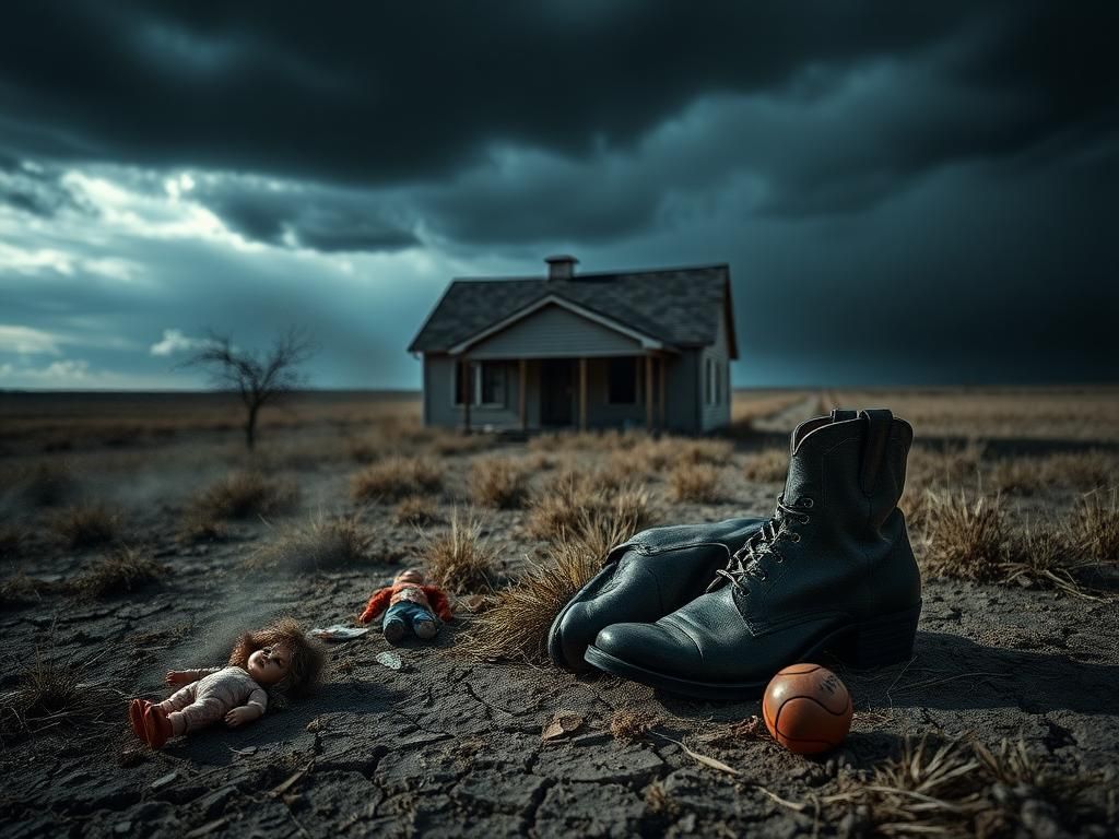 Flick International Dark prairie landscape with an abandoned schoolhouse and worn cowboy boots