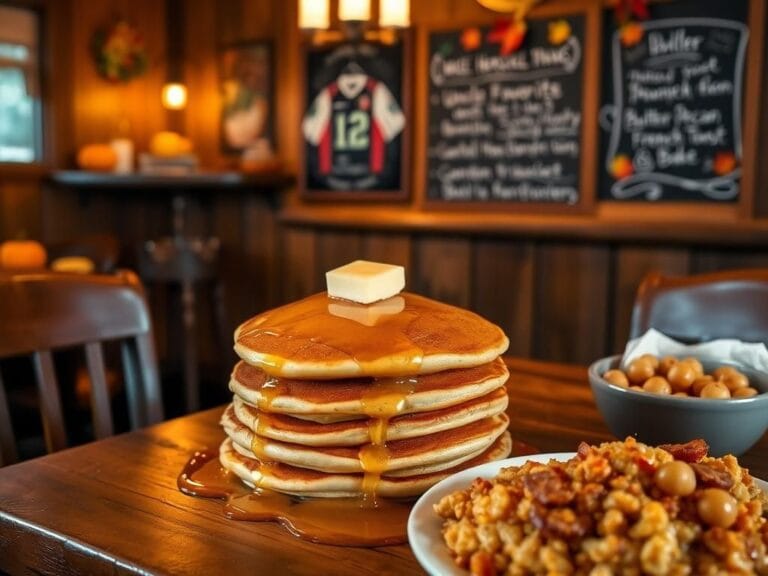 Flick International Stack of golden-brown pancakes with syrup and butter on a rustic wooden table in a cozy country restaurant