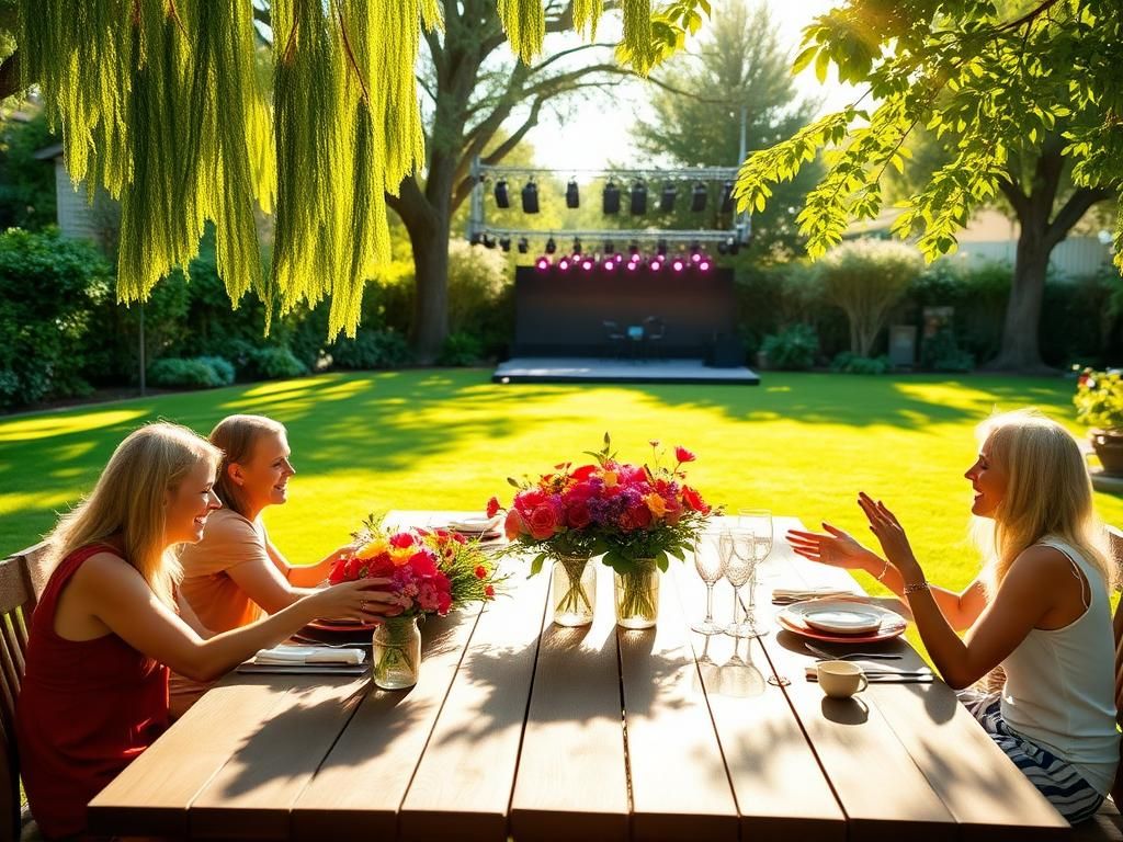 Flick International A serene backyard scene featuring a rustic table set for a family gathering with vibrant flowers and Kendra Scott jewelry.