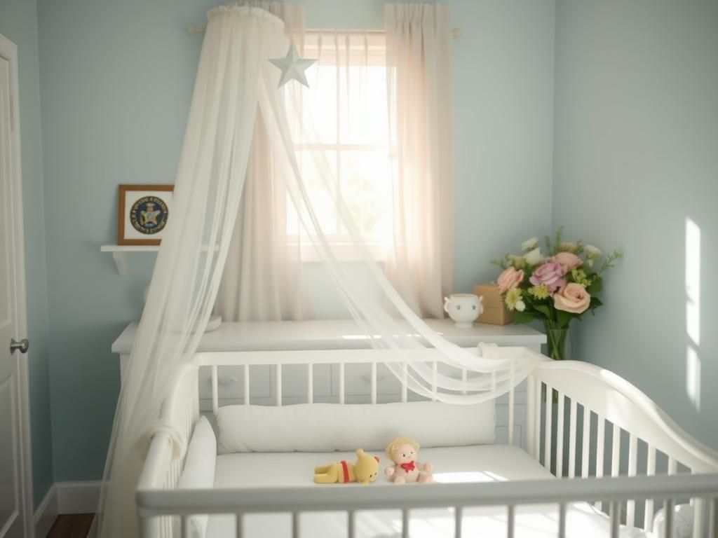 Flick International A serene nursery adorned in soft pastels with a white crib and military insignia, symbolizing hope and remembrance.