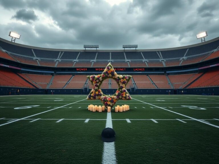 Flick International A serene football stadium with an oversized star of David made of flowers and candles, set under a cloudy sky.