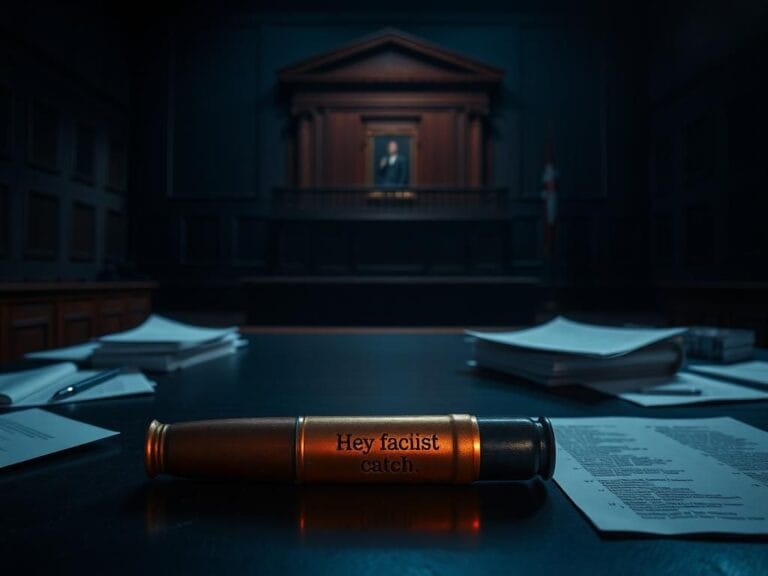 Flick International Dark and moody courtroom scene with illuminated jury box and judge's bench