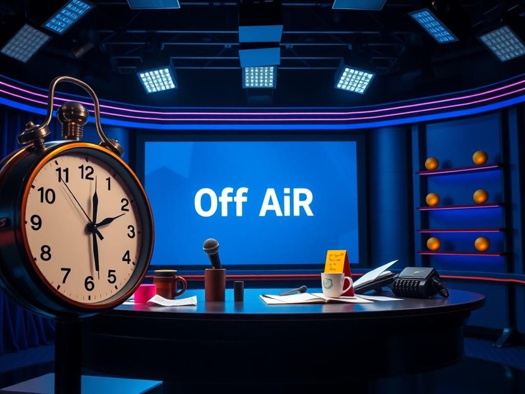 Flick International A dimly lit television studio set with an empty host desk and colorful late-night comedy props.