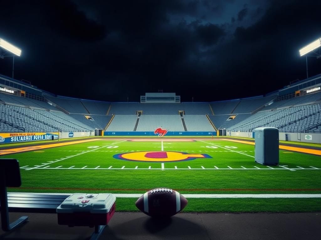 Flick International Dimly lit football stadium showing empty stands and green turf with Colorado Buffaloes logo, symbolizing coach Deion Sanders' health concerns.