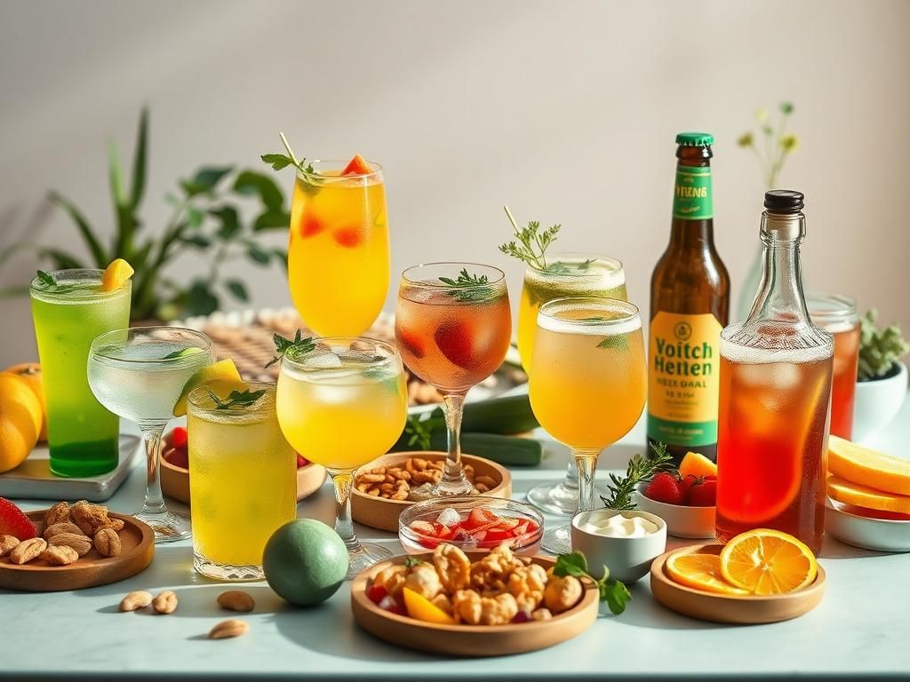 Flick International A vibrant still life scene showcasing a table filled with colorful non-alcoholic beverages and healthy snacks.