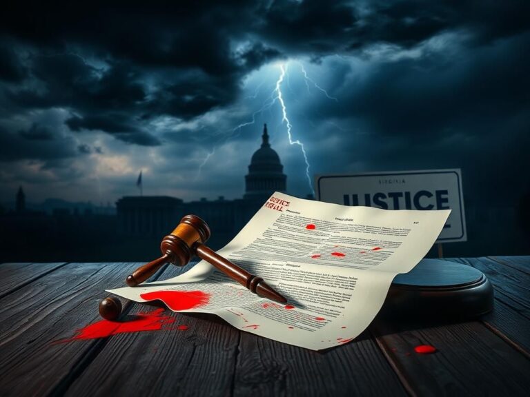 Flick International A crumpled legal document on a table surrounded by political symbols, conveying political tension.