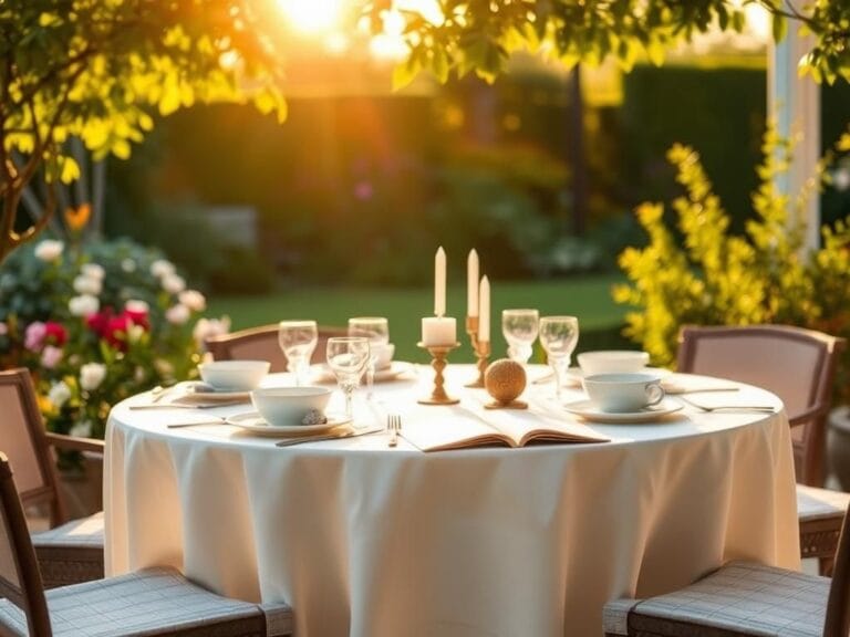 Flick International A serene outdoor dining setup in a lush garden with elegant dinnerware