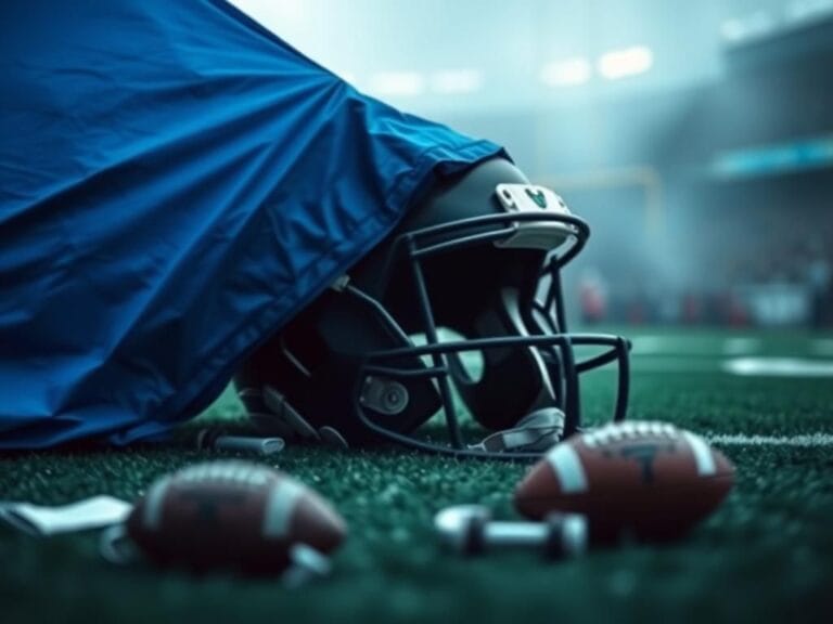 Flick International Close-up of a football helmet near a blue medical tent on a football field