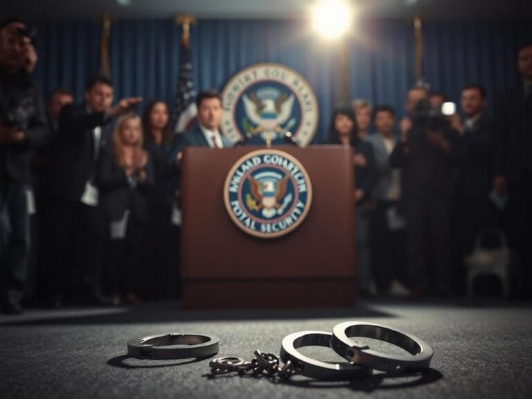 Flick International Empty podium at DHS press conference with seal, handcuffs on ground
