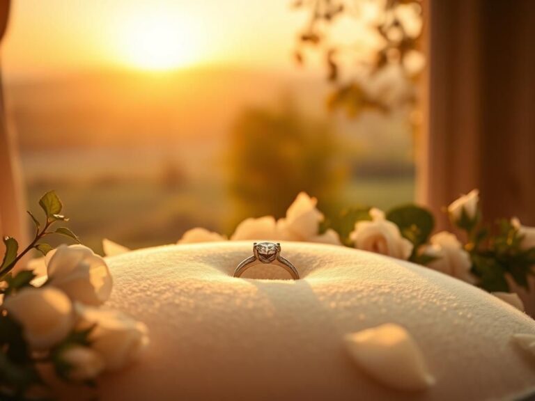 Flick International Sparkling engagement ring on a plush cushion surrounded by white roses and greenery