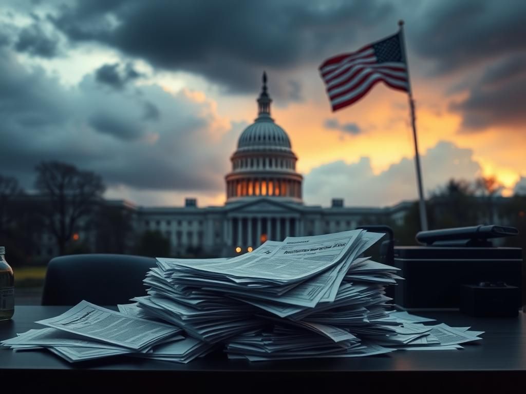Flick International Foreboding scene of the U.S. Capitol at dusk with unemployment paperwork and eviction notices on a desk