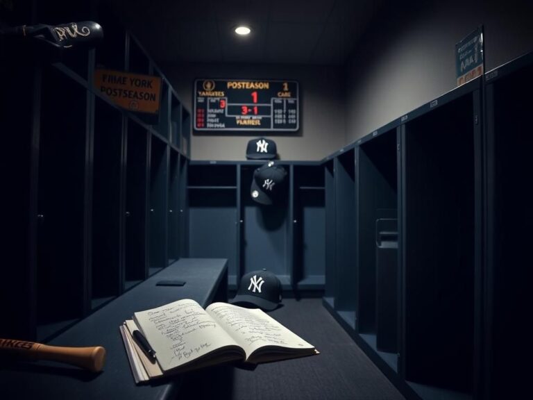 Flick International Dimly lit New York Yankees clubhouse with empty lockers and personal items