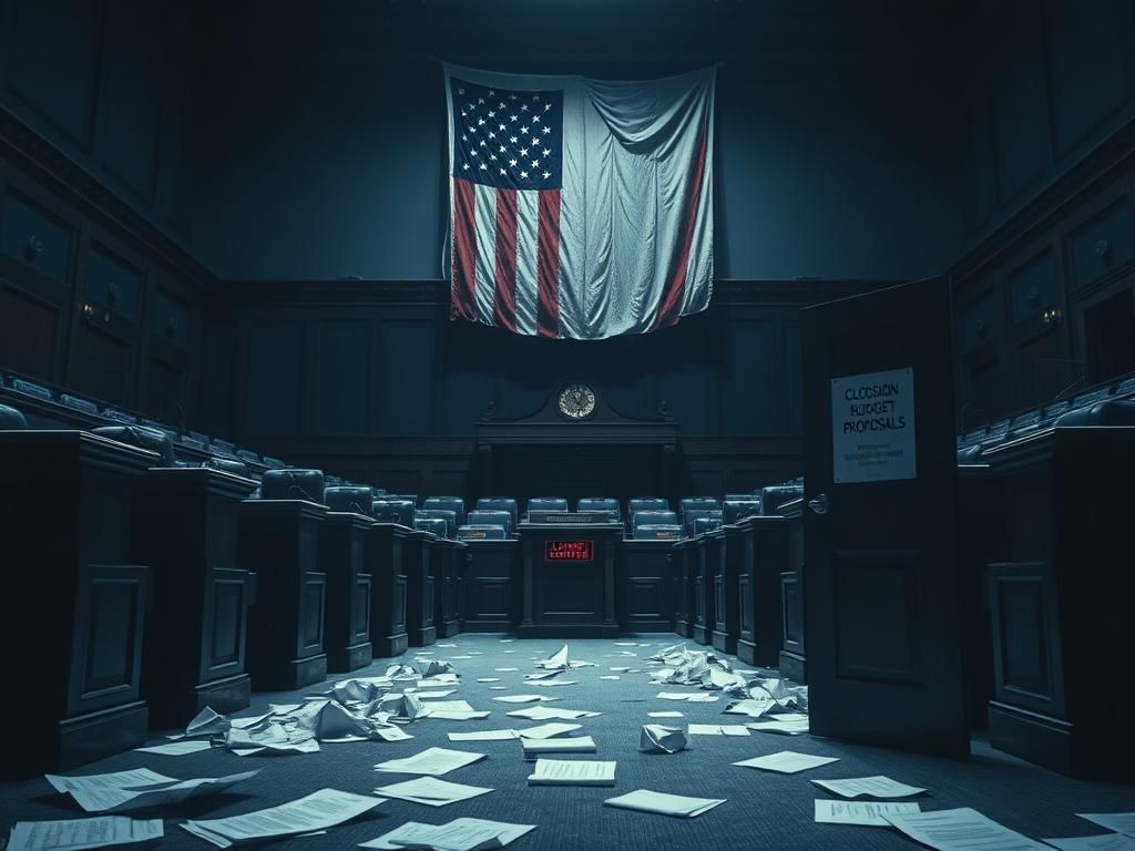 Flick International Dimly lit congressional chamber with empty desks and chairs symbolizing government shutdown