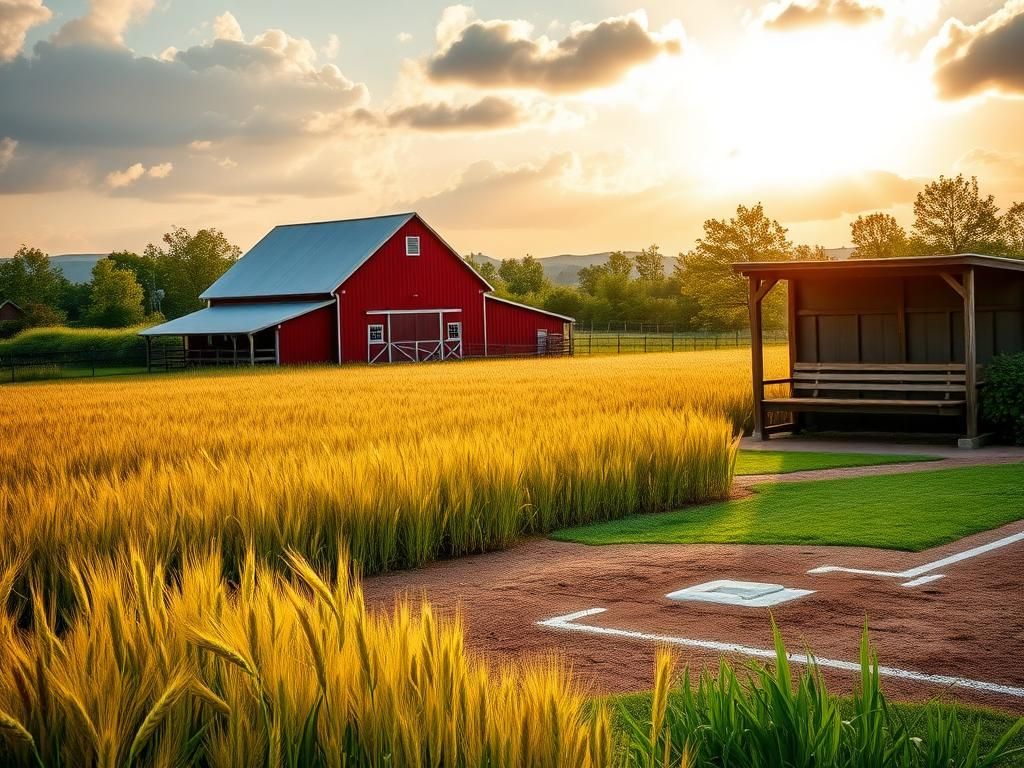 Flick International A rustic farm landscape at dawn with golden wheat fields and a classic red barn, embodying American agriculture and culture.